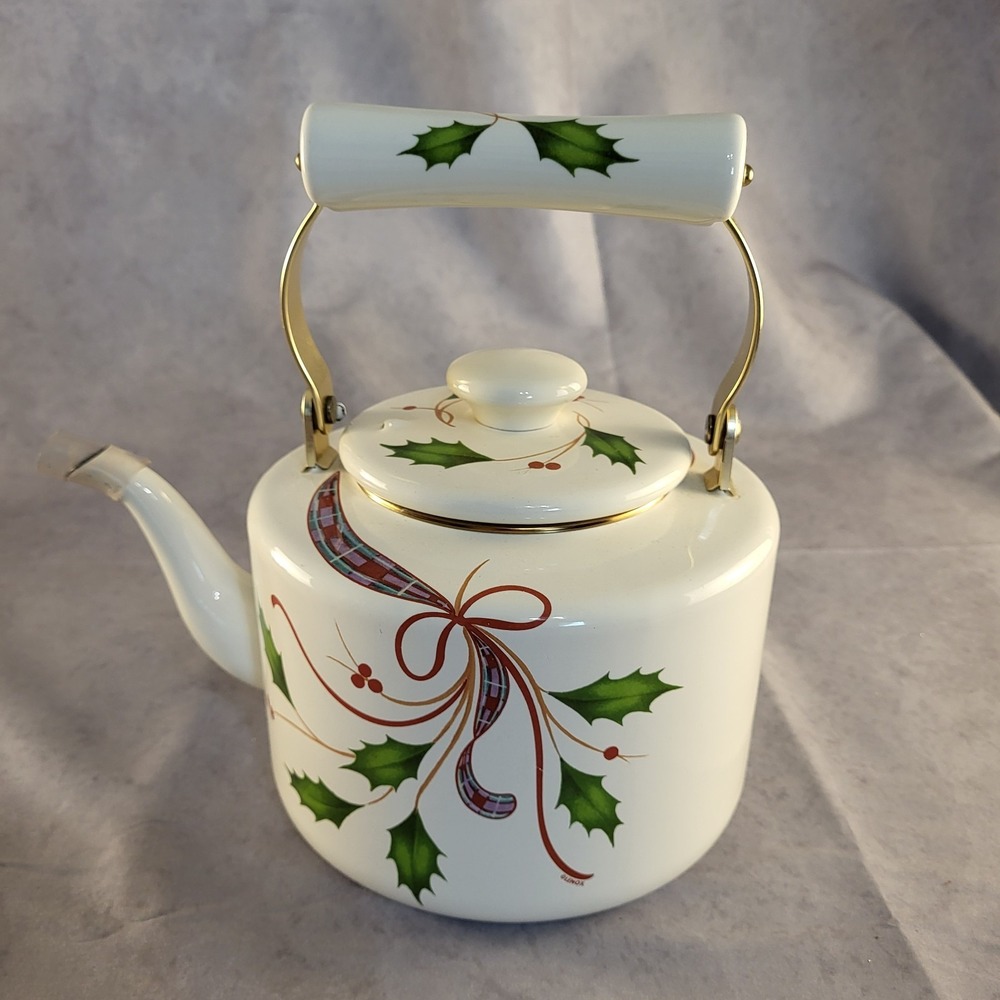 Lenox Holiday Nouveau Enamel Tea Kettle Christmas Holly Ribbon